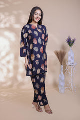 Royal blue floral design Straight Kurti with Matching Trousers Co-Ord Set