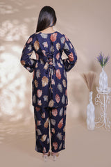 Royal blue floral design Straight Kurti with Matching Trousers Co-Ord Set