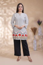 Grey floral design Straight Kurti with contrast Trousers Co-Ord Set