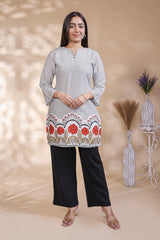 Grey floral design Straight Kurti with contrast Trousers Co-Ord Set