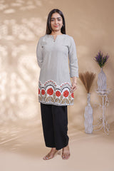 Grey floral design Straight Kurti with contrast Trousers Co-Ord Set