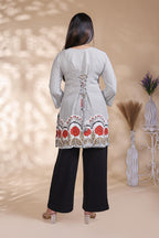 Grey floral design Straight Kurti with contrast Trousers Co-Ord Set