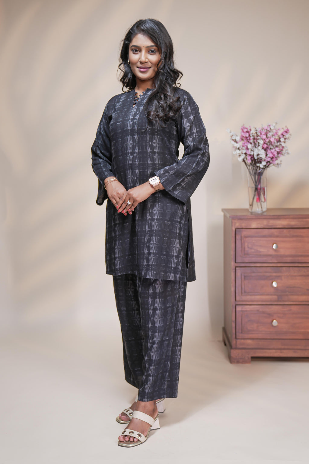 Black abstract designed Straight Kurti with matching  trousers Co-Ord Set