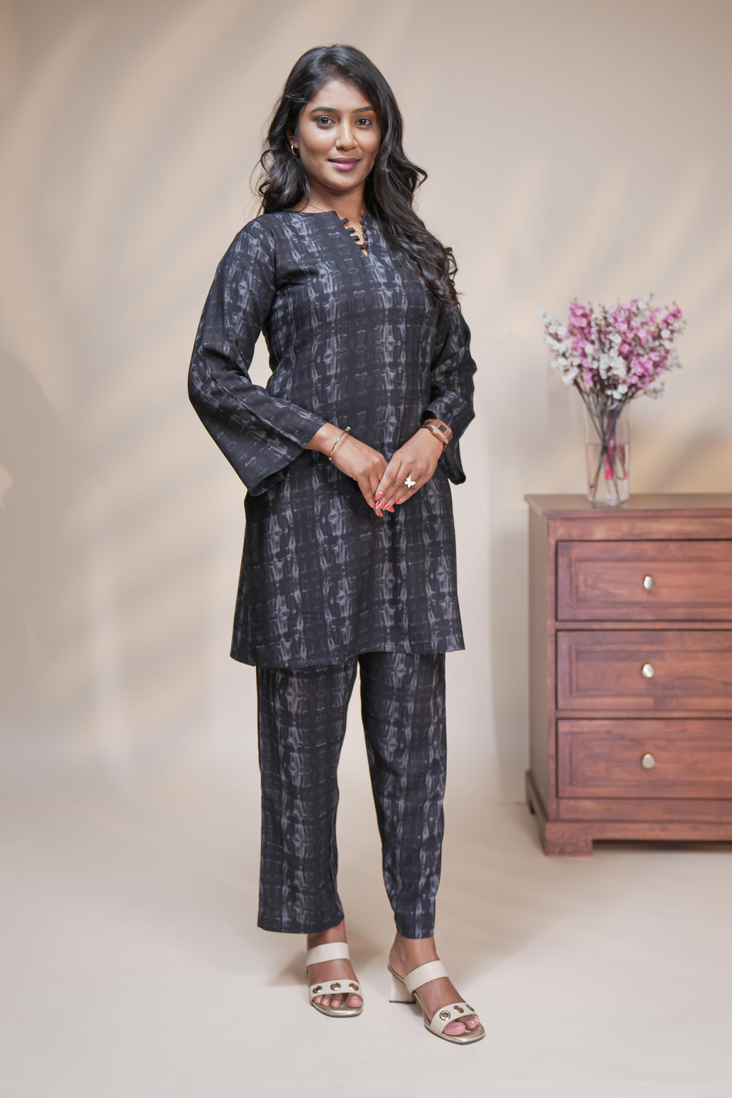 Black abstract designed Straight Kurti with matching  trousers Co-Ord Set
