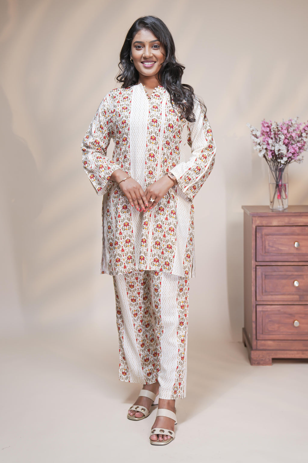 White floral motifs Straight Kurti with matching  trousers Co-Ord Set