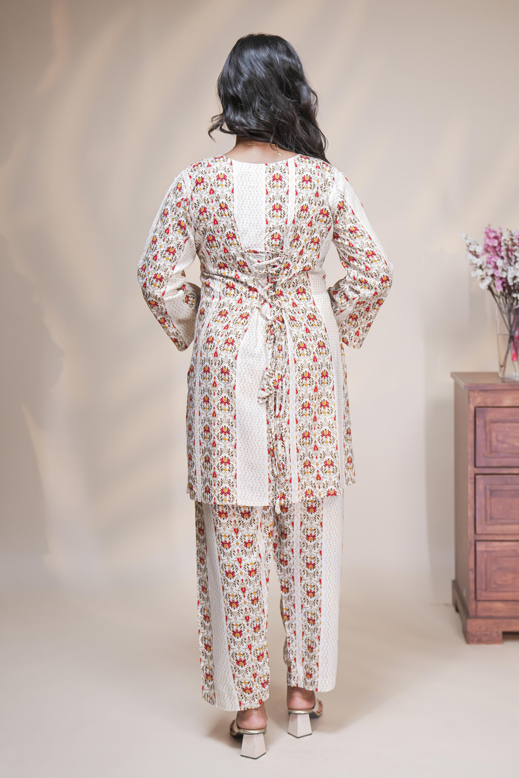White floral motifs Straight Kurti with matching  trousers Co-Ord Set