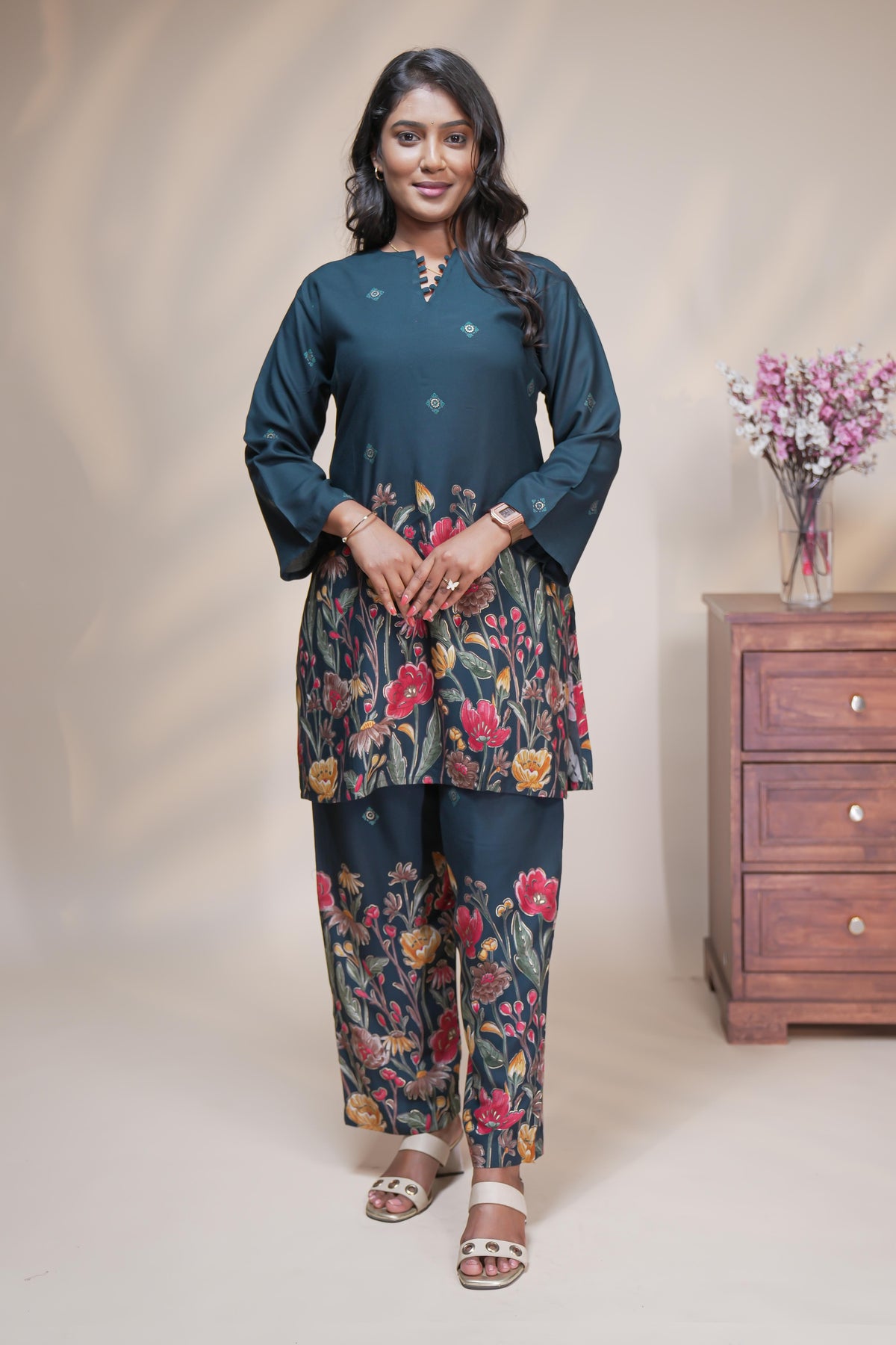 Blue floral designed Straight Kurti with matching  trousers Co-Ord Set