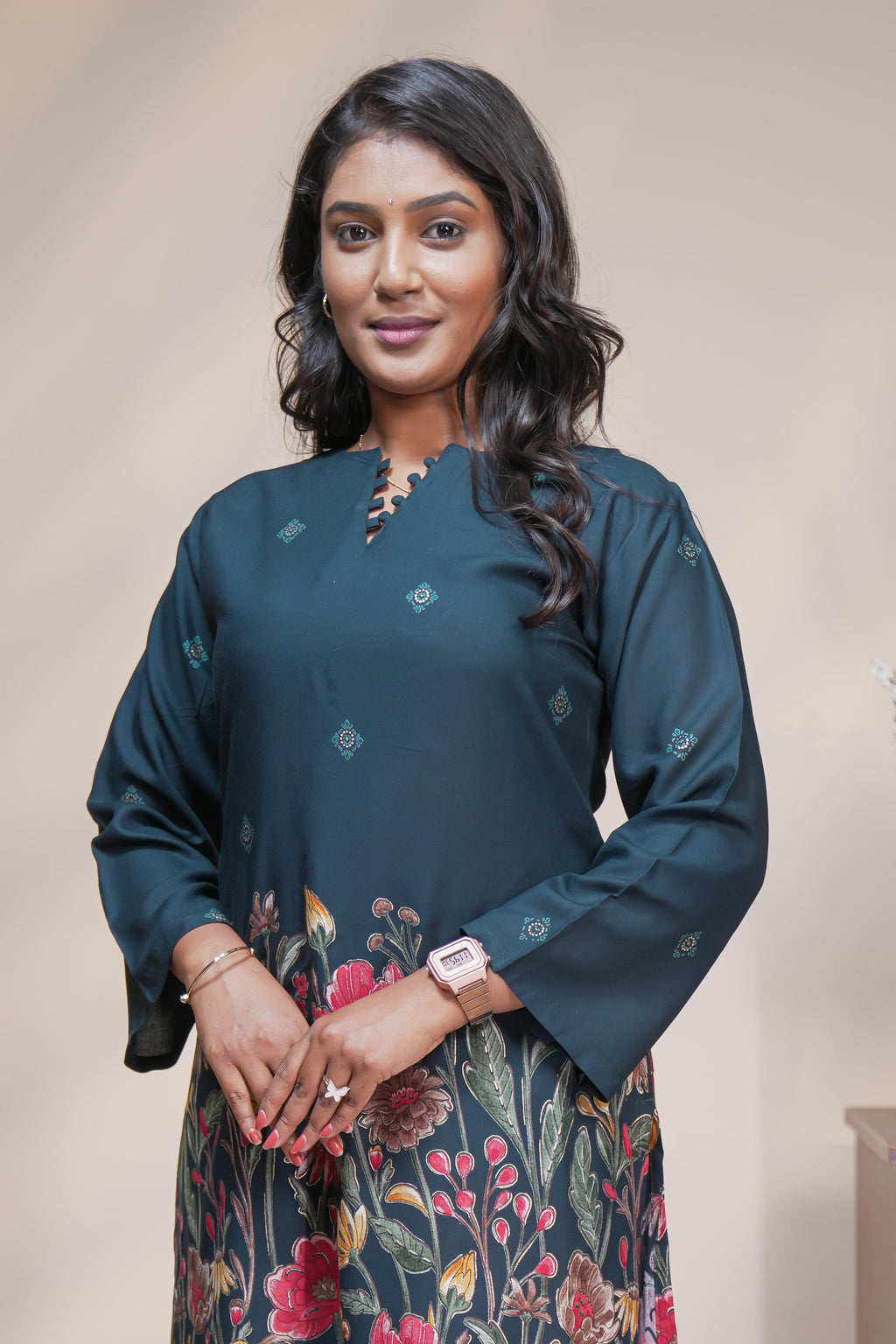 Blue floral designed Straight Kurti with matching  trousers Co-Ord Set