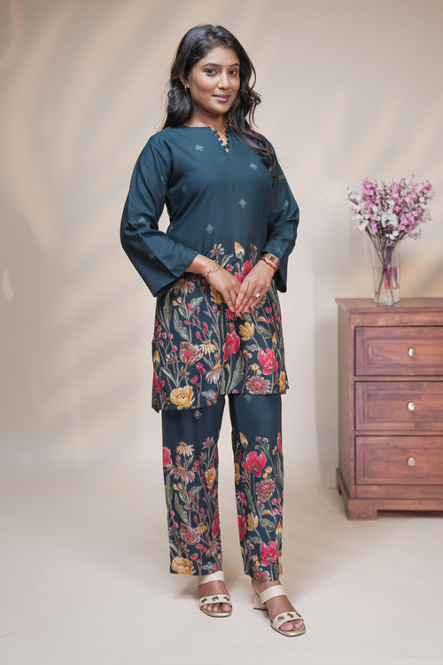 Blue floral designed Straight Kurti with matching  trousers Co-Ord Set