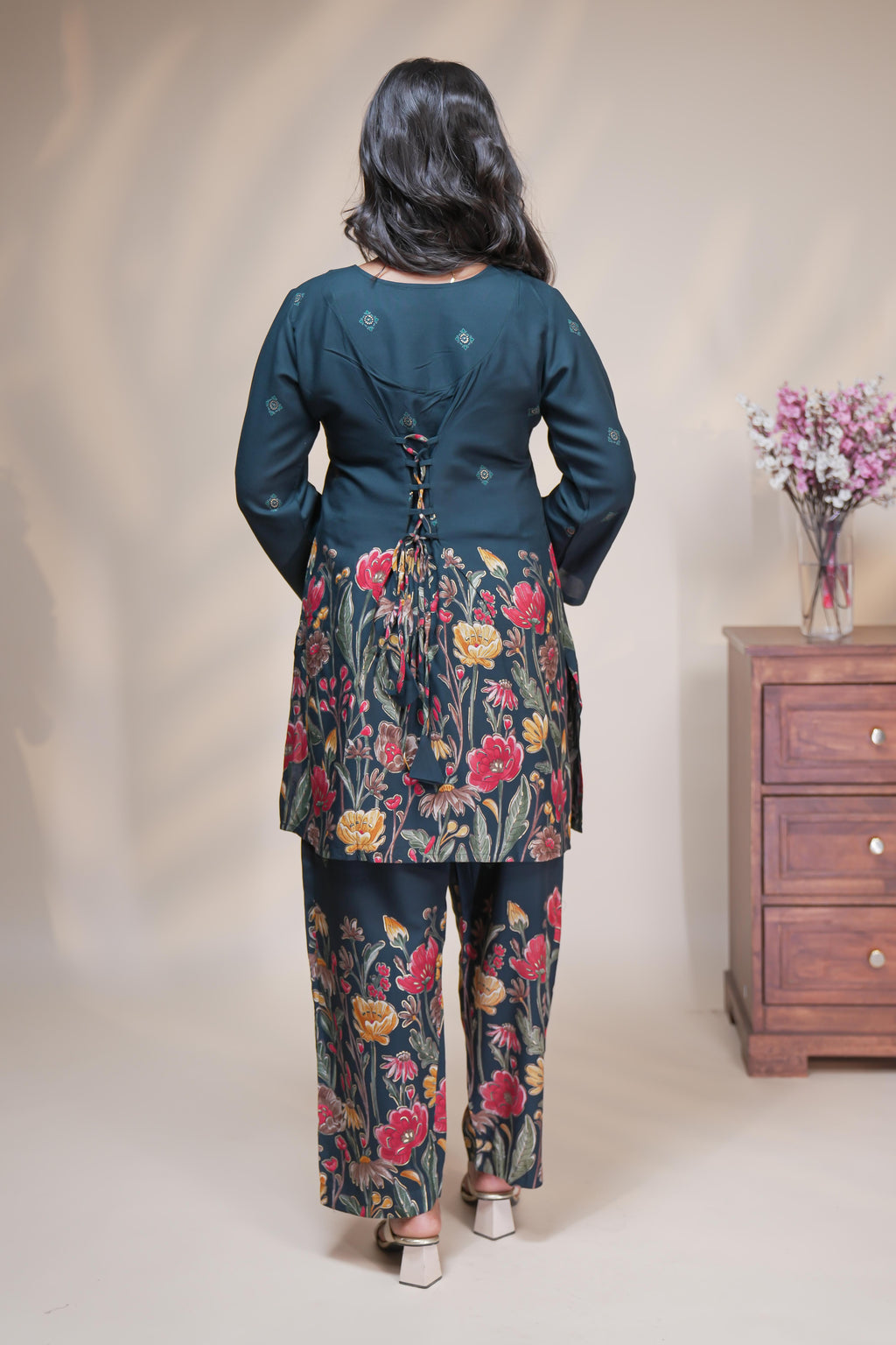 Blue floral designed Straight Kurti with matching  trousers Co-Ord Set