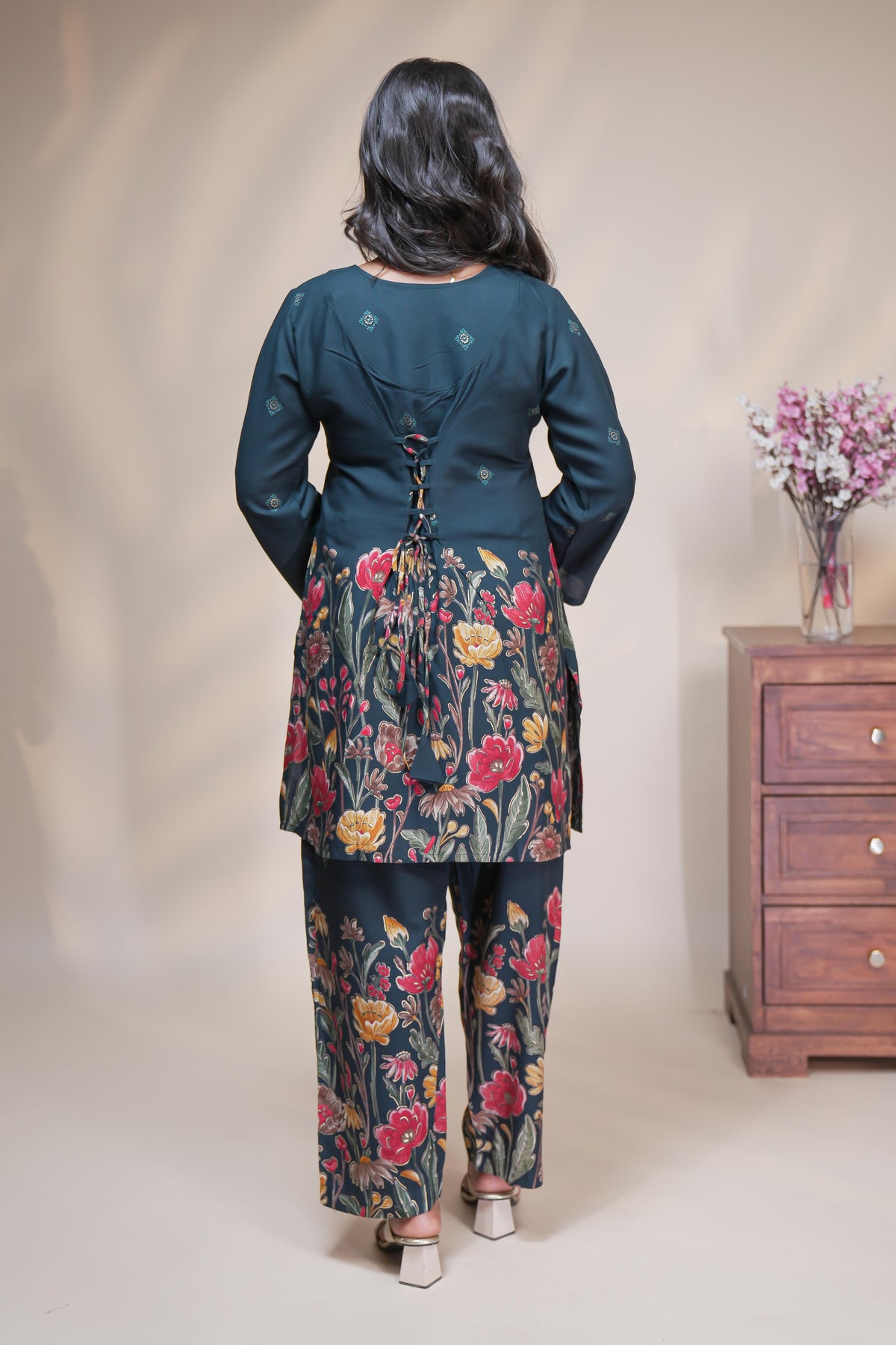 Blue floral designed Straight Kurti with matching  trousers Co-Ord Set
