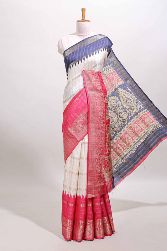 Multi color checked dola silk saree with contrast zari border and printed pallu