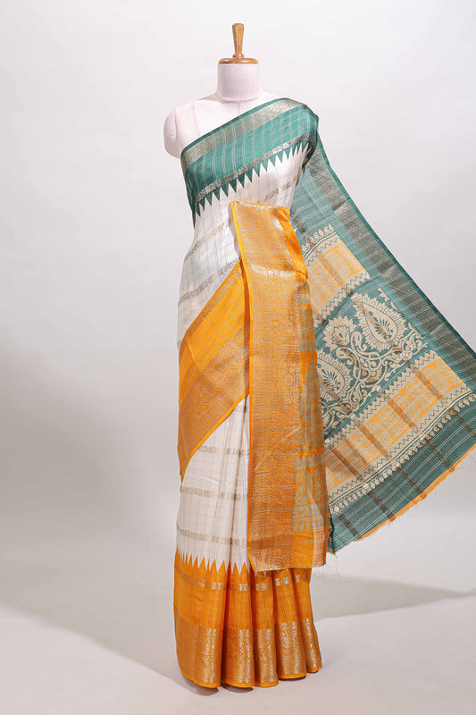 Multi color checked dola silk saree with contrast zari border and printed pallu