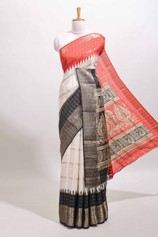 Multi color checked dola silk saree with contrast zari border and printed pallu