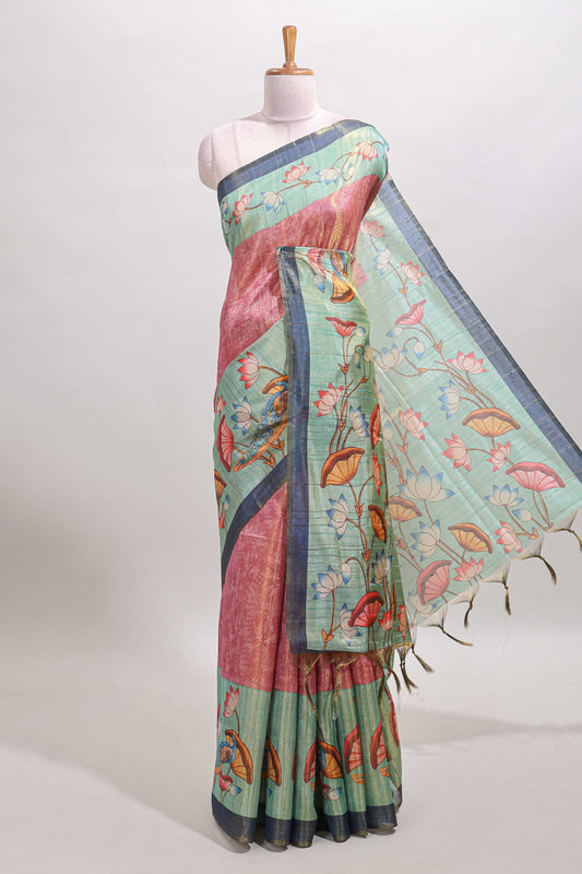 Rose pink mild leaf print & striped tussar saree with contrast lotus & peacock design border and printed blouse