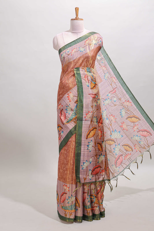 Orange mild leaf print & striped tussar saree with contrast lotus & peacock design border and printed blouse