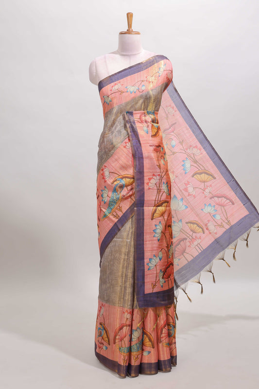 Brown mild leaf print & striped tussar saree with contrast lotus & peacock design border and printed blouse