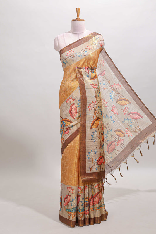 Mustard mild leaf print & striped tussar saree with contrast lotus & peacock design border and printed blouse