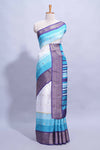 White and Aqua Blue Dola Silk Saree with rich zari border woven butis and a designer pallu along with contrast blouse