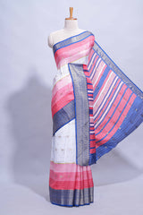 White and pink Dola Silk Saree with rich zari border woven butis and a designer pallu along with contrast blouse