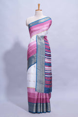 White and violet Dola Silk Saree with rich zari border woven butis and a designer pallu along with contrast blouse