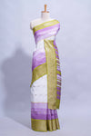 White and purple Dola Silk Saree with rich zari border woven butis and a designer pallu along with contrast blouse