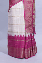 White Dola Silk Saree with aqua blue and magenta zari borders elegant woven checks and a rich designer pallu along with contrast blouse