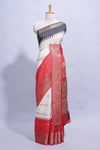 White Dola Silk Saree with red and black zari borders elegant woven checks and a rich designer pallu along with contrast blouse