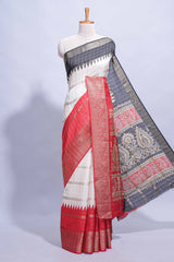 White Dola Silk Saree with red and black zari borders elegant woven checks and a rich designer pallu along with contrast blouse