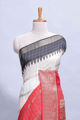 White Dola Silk Saree with red and black zari borders elegant woven checks and a rich designer pallu along with contrast blouse