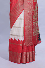 White Dola Silk Saree with red and black zari borders elegant woven checks and a rich designer pallu along with contrast blouse