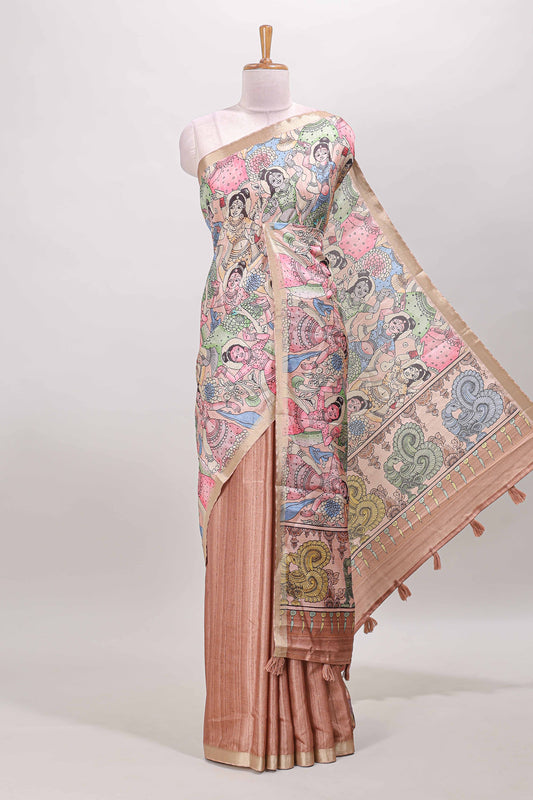 Orange traditional kalamkari style dola silk saree with contrast zari border and matching blouse