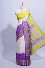 White Dola Silk Saree with violet and green zari borders elegant woven checks and a rich designer pallu along with contrast blouse