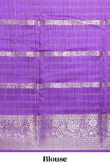 White Dola Silk Saree with violet and green zari borders elegant woven checks and a rich designer pallu along with contrast blouse