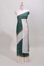 Green striped zari butta dola silk saree with contrast zari border and matching blouse
