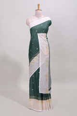 Green striped zari butta dola silk saree with contrast zari border and matching blouse