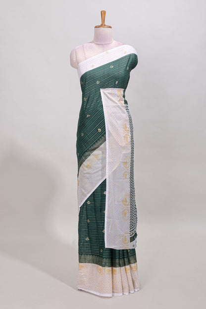 Green striped zari butta dola silk saree with contrast zari border and matching blouse