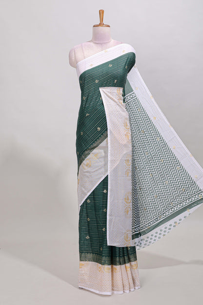 Green striped zari butta dola silk saree with contrast zari border and matching blouse