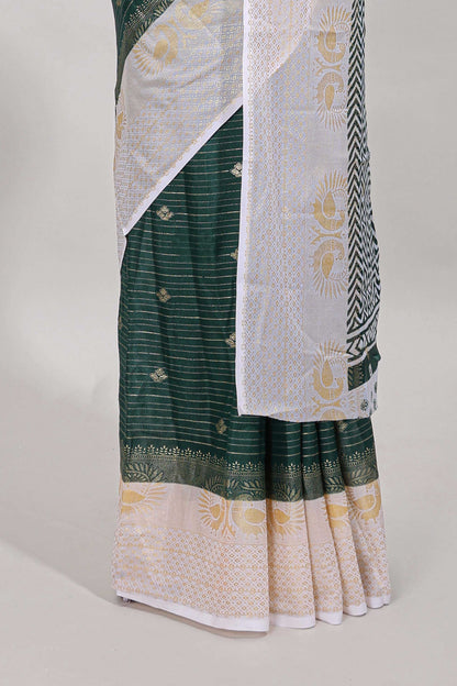 Green striped zari butta dola silk saree with contrast zari border and matching blouse