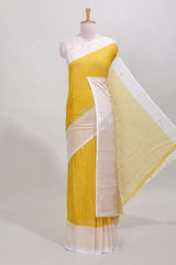 Yellow striped zari butta dola silk saree with contrast zari border and matching blouse