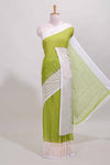 Green zari striped dola silk saree with contrast zari border and blouse