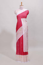 Pink zari striped dola silk saree with contrast zari border and blouse