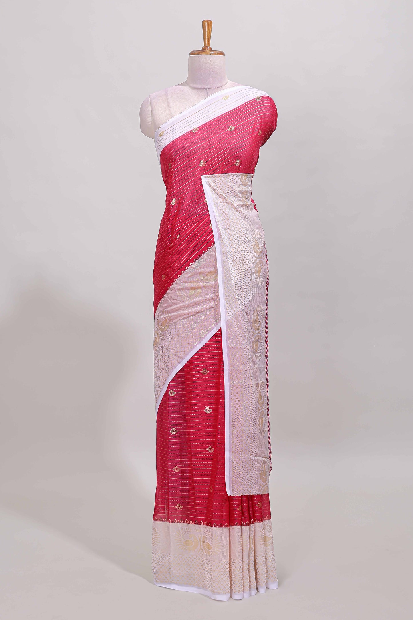 Pink zari striped dola silk saree with contrast zari border and blouse