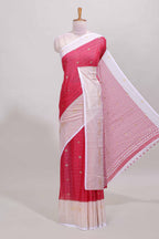 Pink zari striped dola silk saree with contrast zari border and blouse