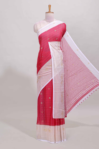 Pink zari striped dola silk saree with contrast zari border and blouse