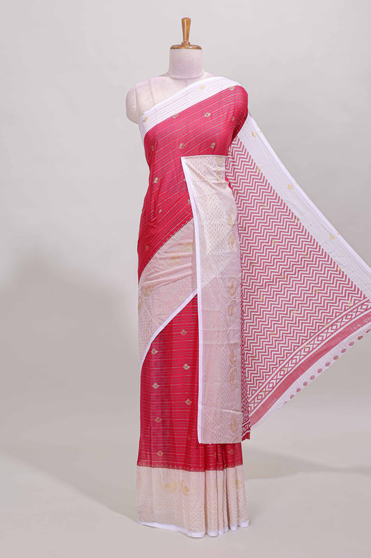 Pink zari striped dola silk saree with contrast zari border and blouse
