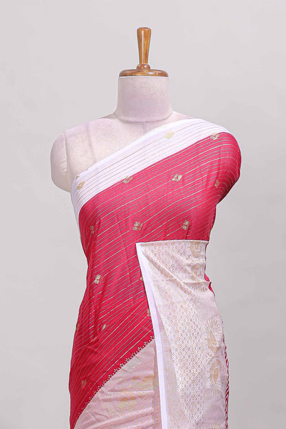 Pink zari striped dola silk saree with contrast zari border and blouse