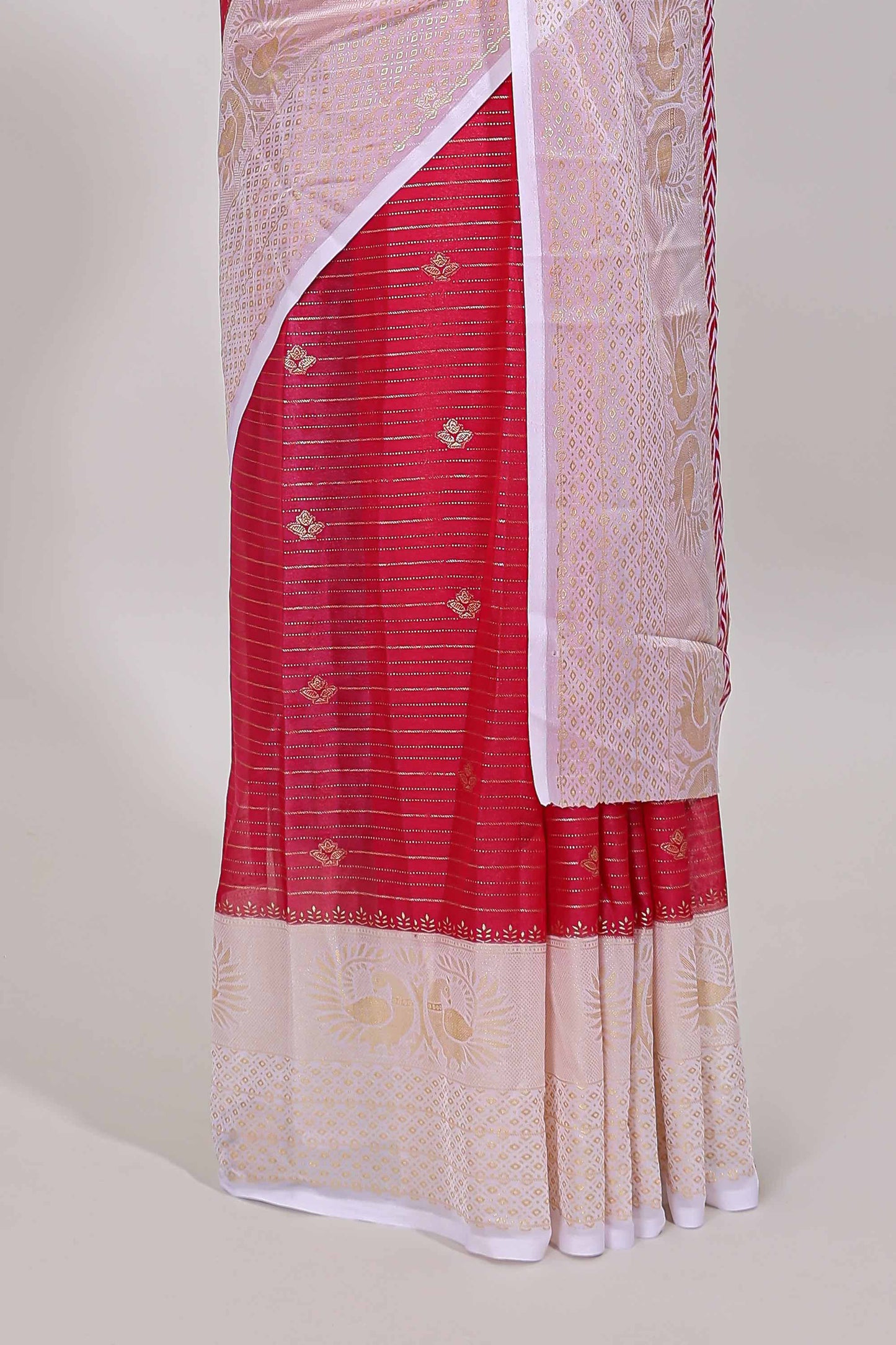 Pink zari striped dola silk saree with contrast zari border and blouse
