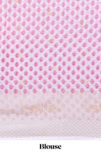 Pink zari striped dola silk saree with contrast zari border and blouse