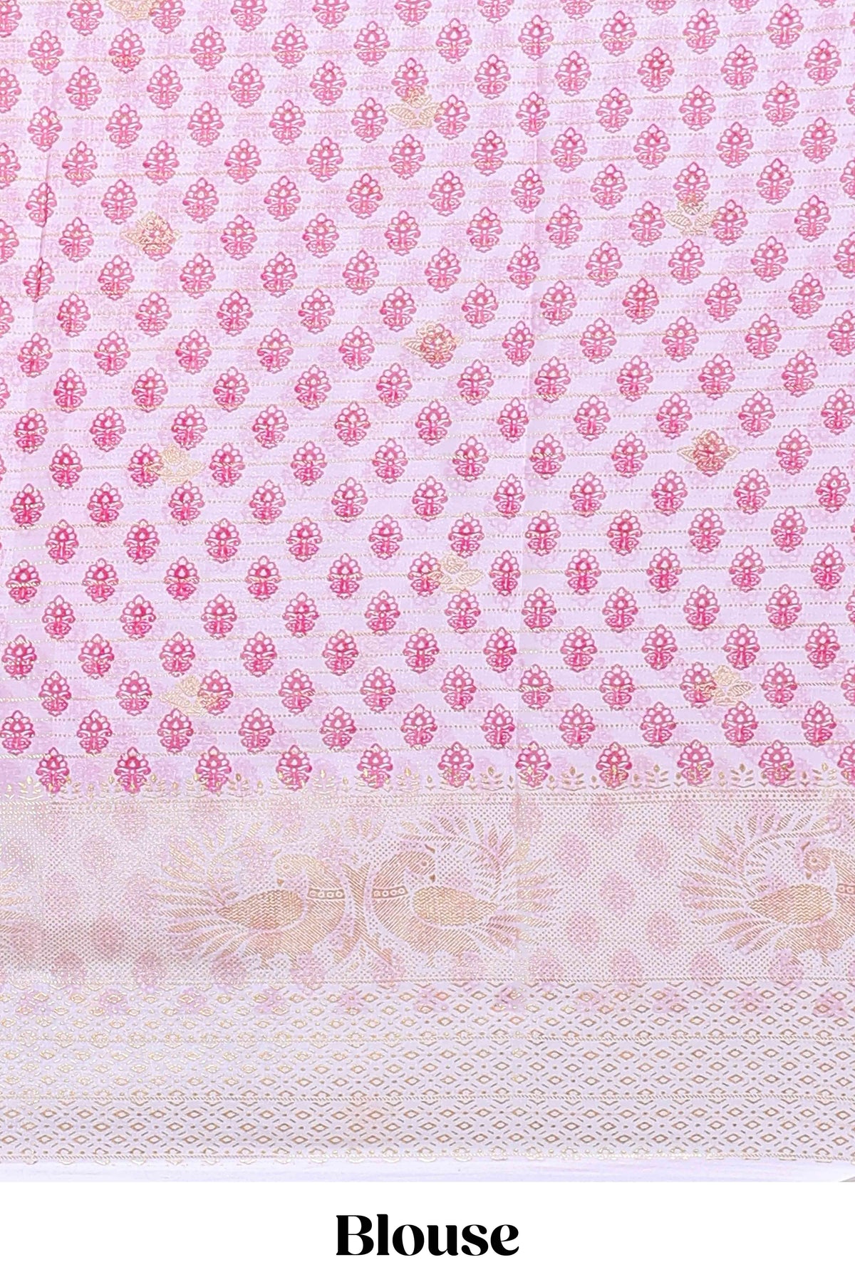 Pink zari striped dola silk saree with contrast zari border and blouse
